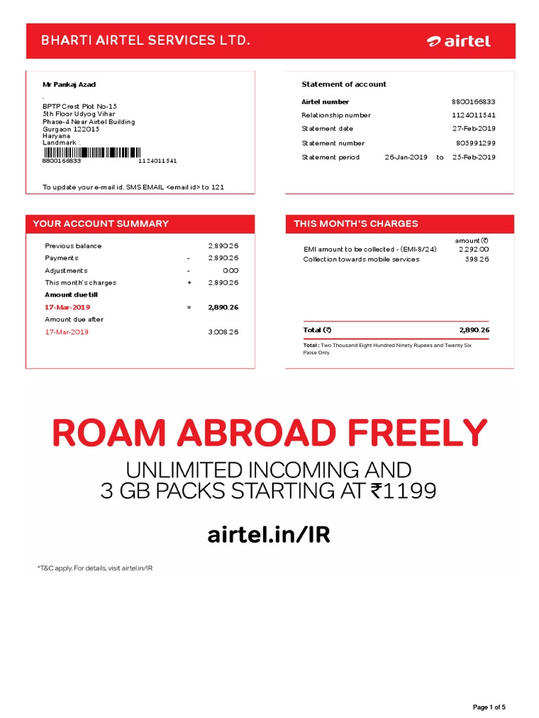 Airtel Bill PDF Invoice Payments
