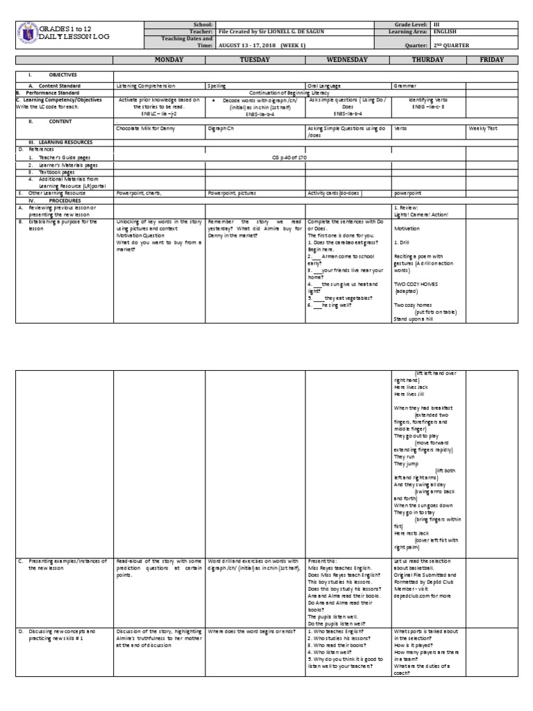 Grade 3 English Daily Lesson Plan | PDF