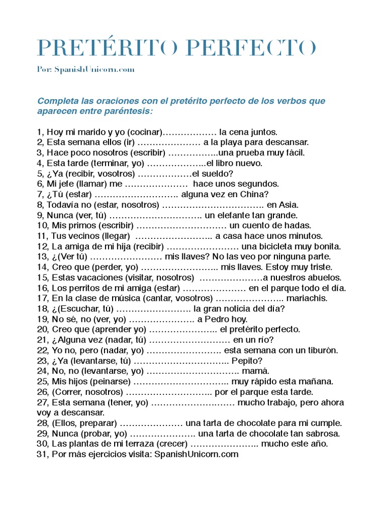 Ejercicios de Pretérito Perfecto en Español | PDF