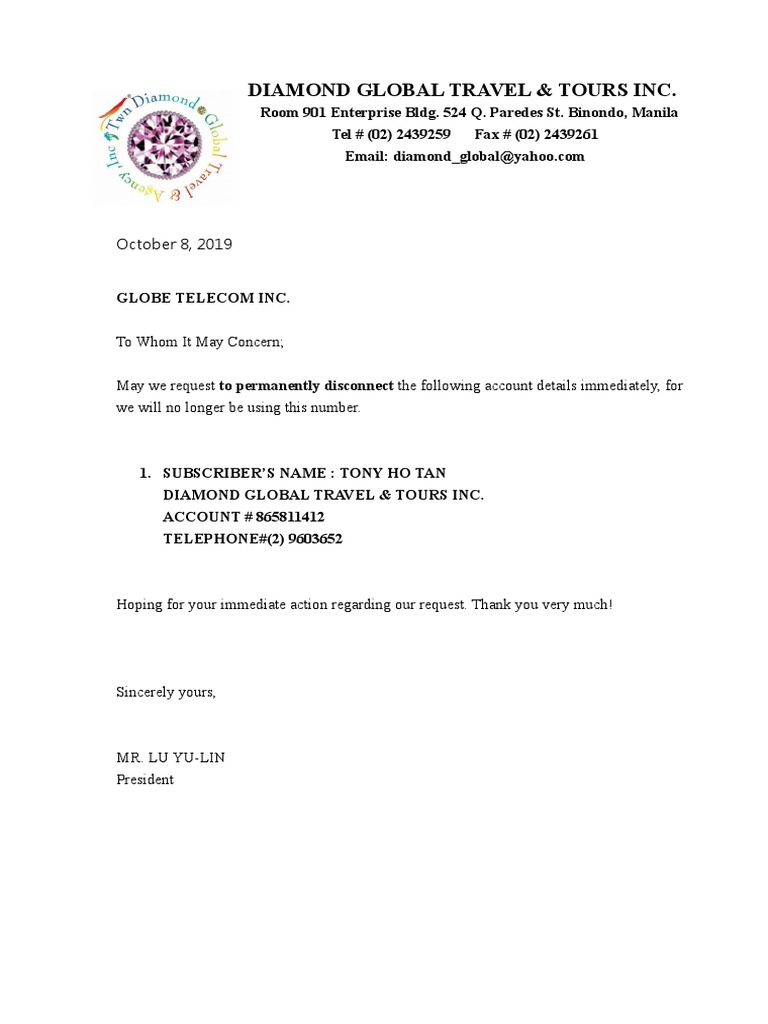 Globe Telecom Disconnection Request Letter | PDF | Law | Home & Garden