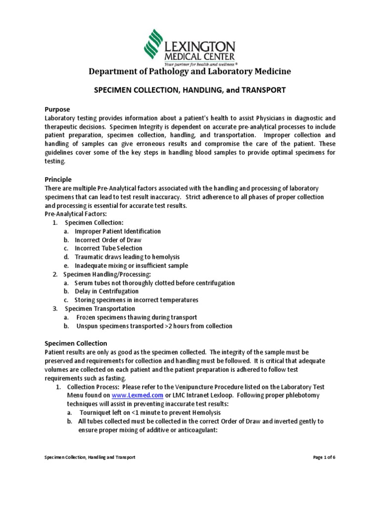 Specimen Collection and Transport Guidelines | PDF | Blood Plasma ...