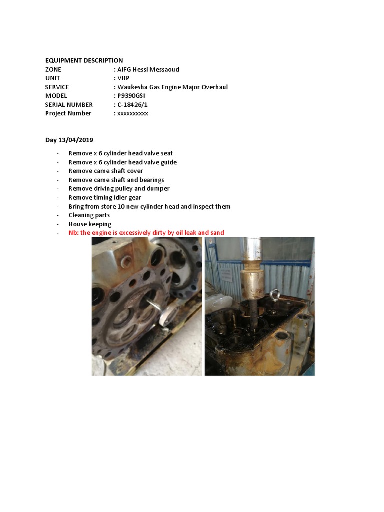 Equipment Description NB The Engine Is Excessively Dirty by Oil Leak