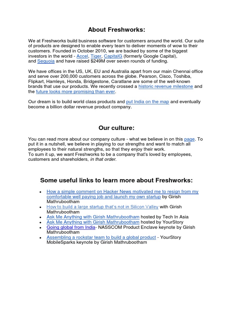 Freshworks - Campus Placement - Information | PDF | Sales | Startup Company