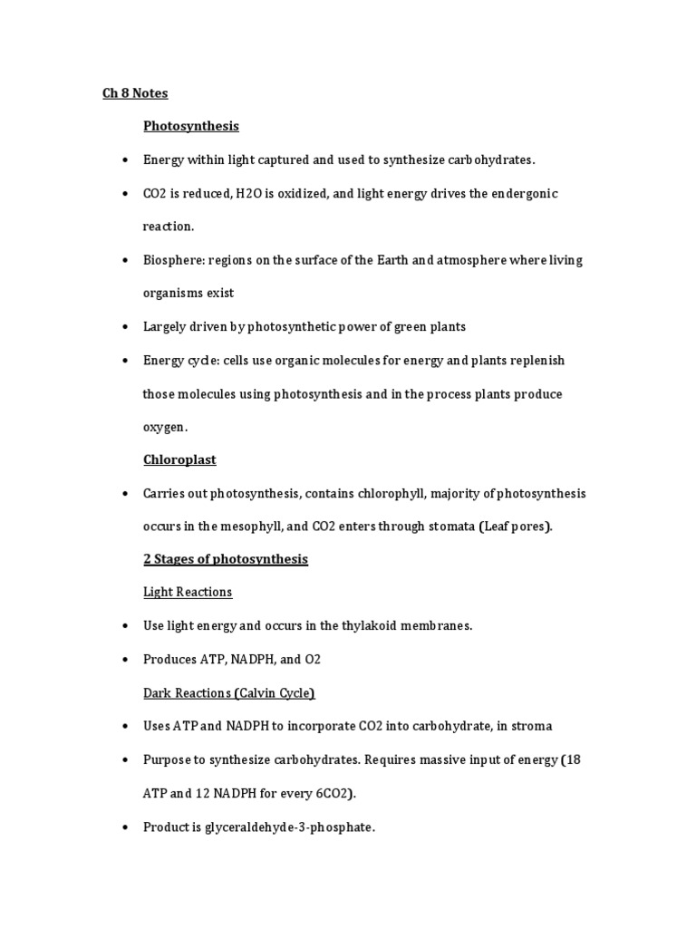 CH 8 Notes | PDF | Photosynthesis | Plant Physiology