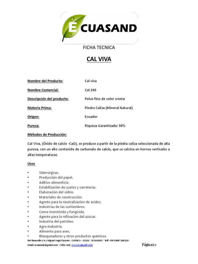 Ficha Tecnica Cal Viva Ecuasand Quemar Calcio