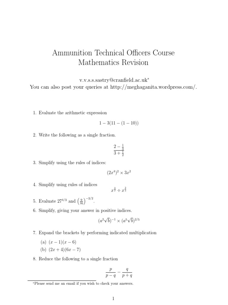 Ammunition Technical Officers Course Mathematics Revision: V.v.s.s ...
