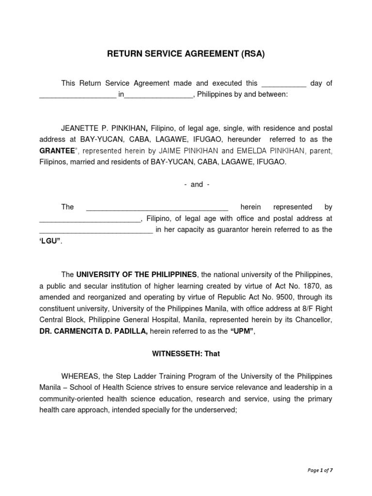 UP Manila Return Service Agreement | PDF | Legal Guardian | Damages