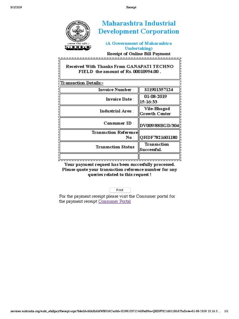 Water Bill June19 Midc PDF Receipt Service Industries