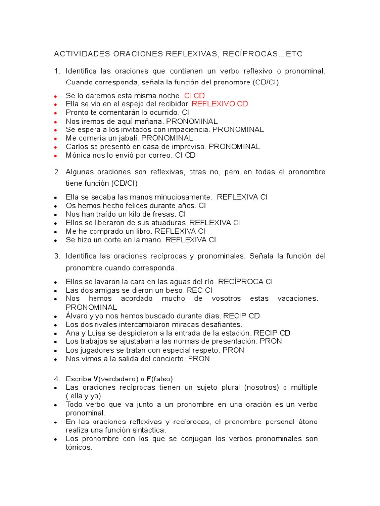 Ejercicios de Oraciones Reflexivas y Recíprocas | PDF | Verbo | Pronombre