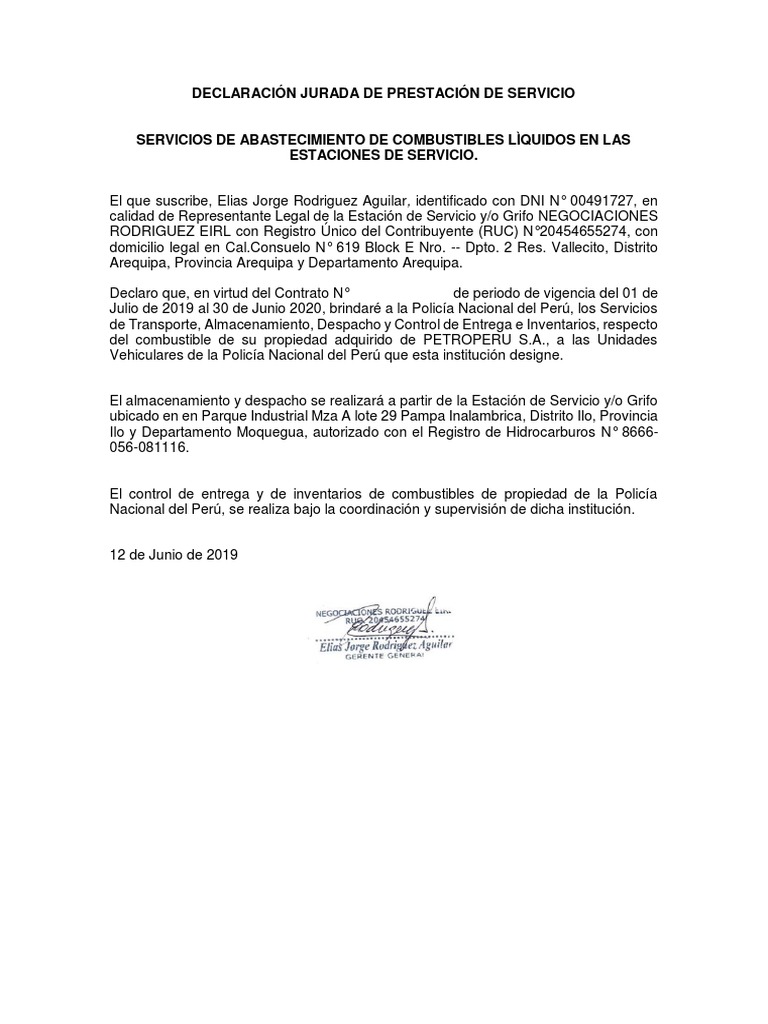 Declaración Jurada de Prestación de Servicio | PDF