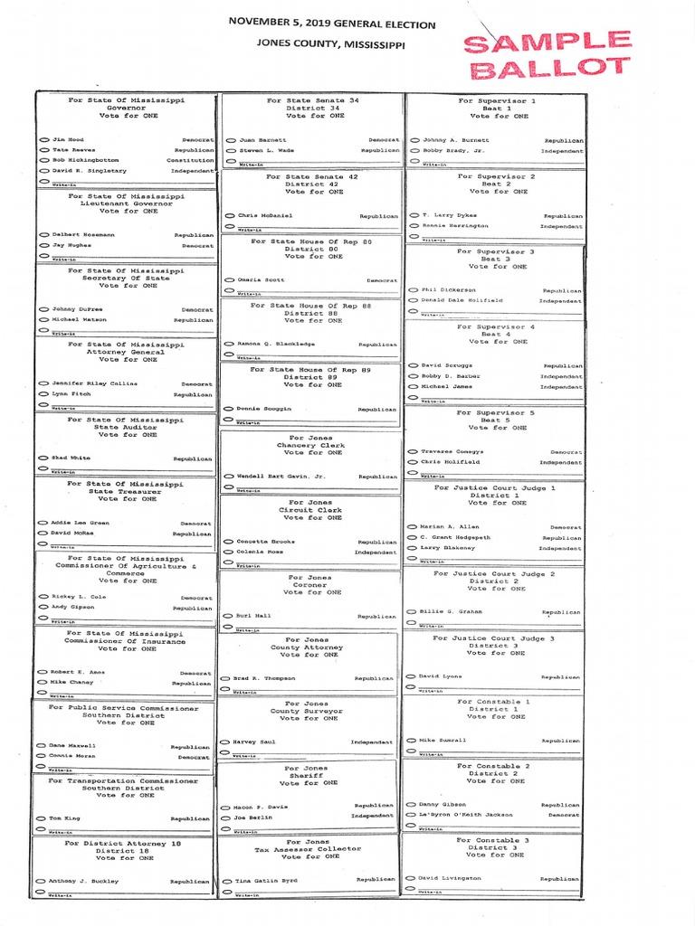 Jones County Sample Ballot For 2019 General Election
