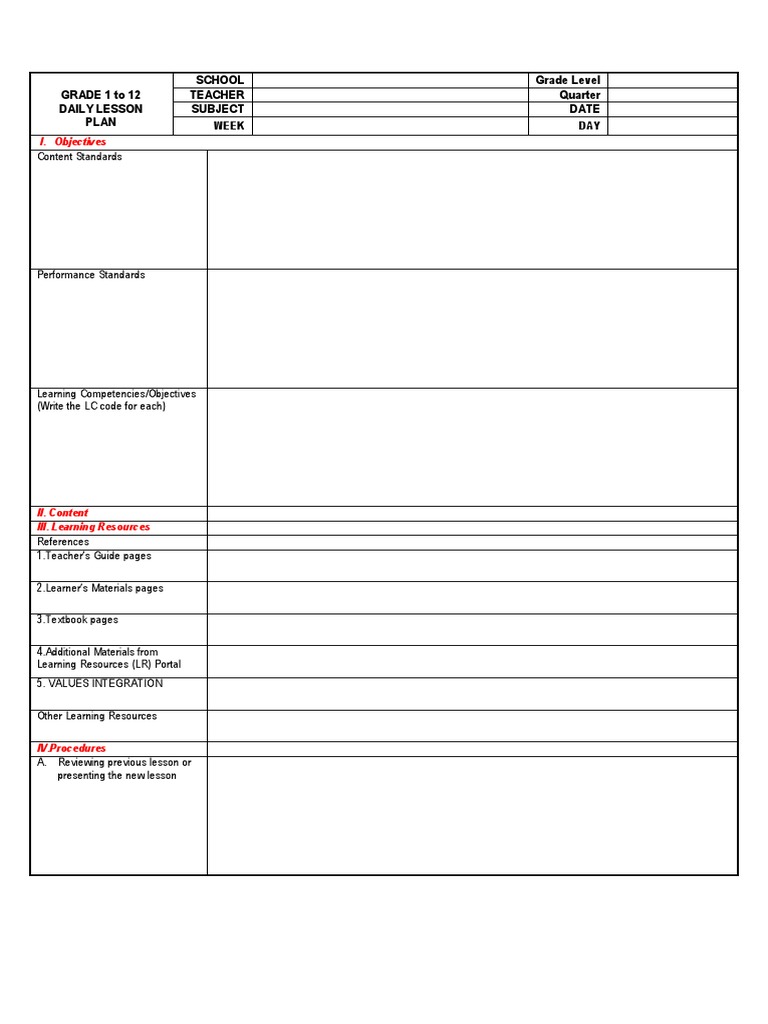 GRADE 1 To 12 Daily Lesson Plan School Grade Level Teacher Quarter ...