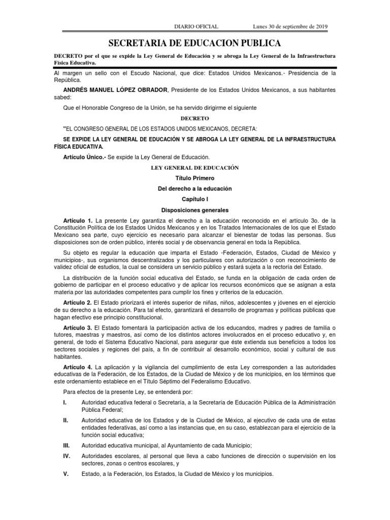 Ley General de Educación en México | PDF | Educación de la primera ...