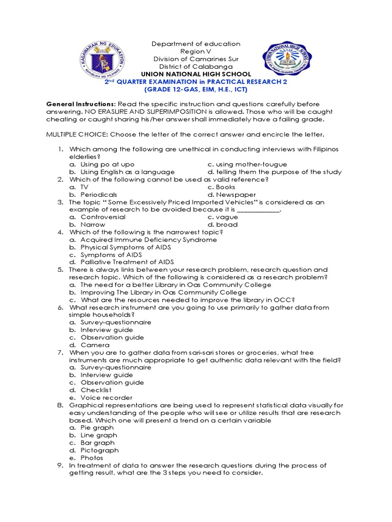 Grade 12 PR2 2nd Quarter Exam Guide | PDF | Data | Scientific Method