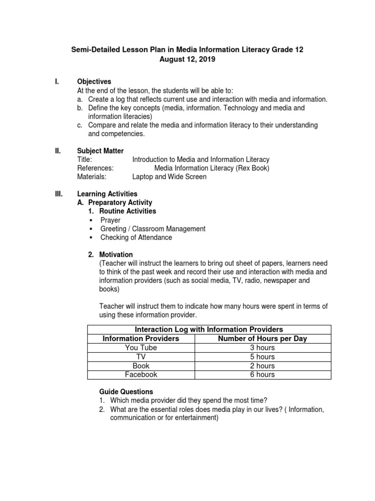 Media Information Literacy Lesson Plan | PDF | Information Literacy ...
