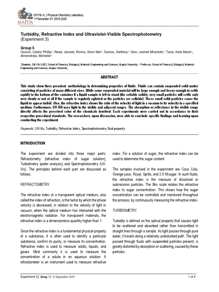 Experiment 3 Turbidity, Refractive Index & UVViS PDF