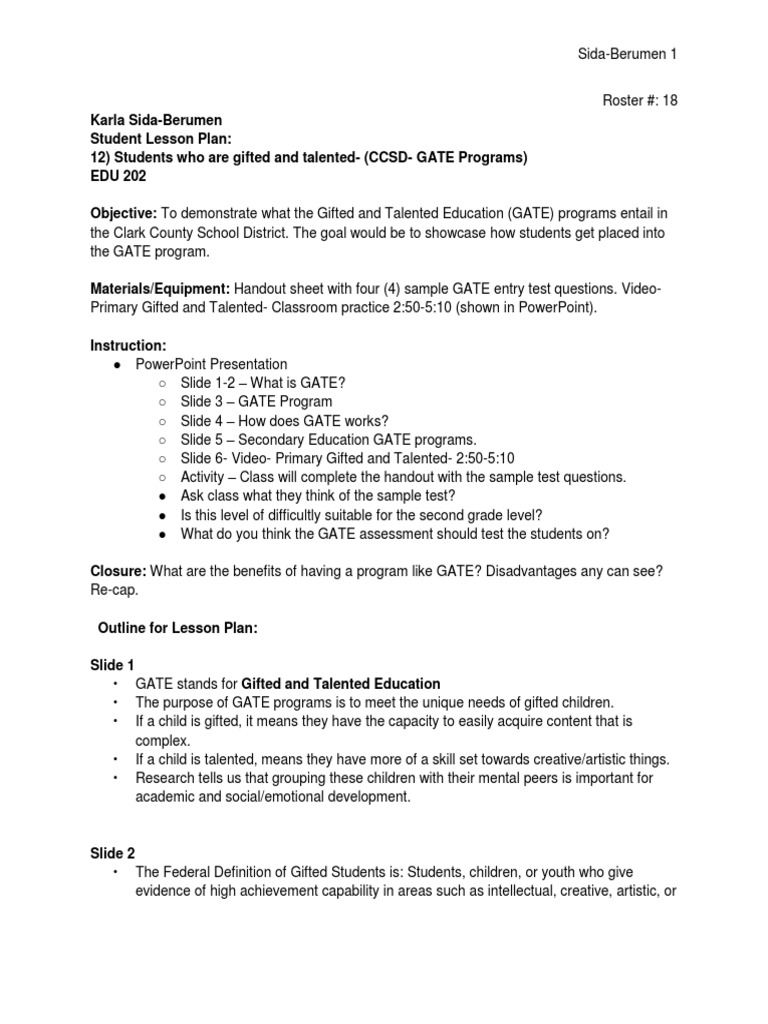 Gate Lesson Plan Gifted Education Intellectual Giftedness