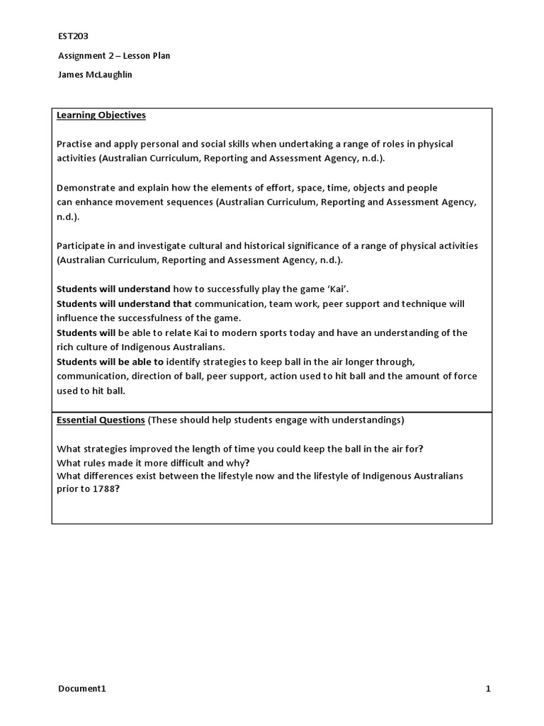Est203 Assignment 2 - Lesson Plan James Mclaughlin | Download Free PDF ...