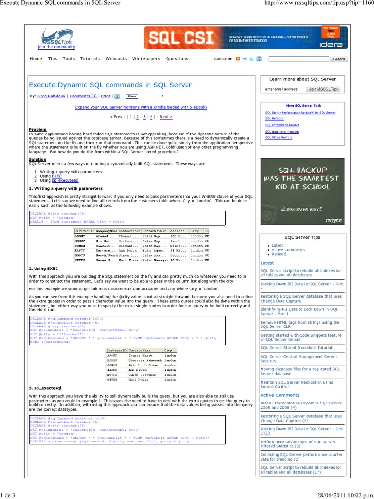 Execute Dynamic SQL Commands in SQL Server | PDF | Microsoft Sql Server ...