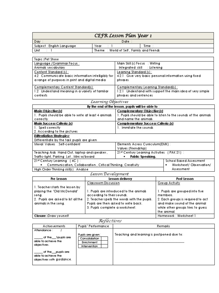 CEFR Lesson Plan Year 1. Reading | PDF | Lesson Plan | Communication