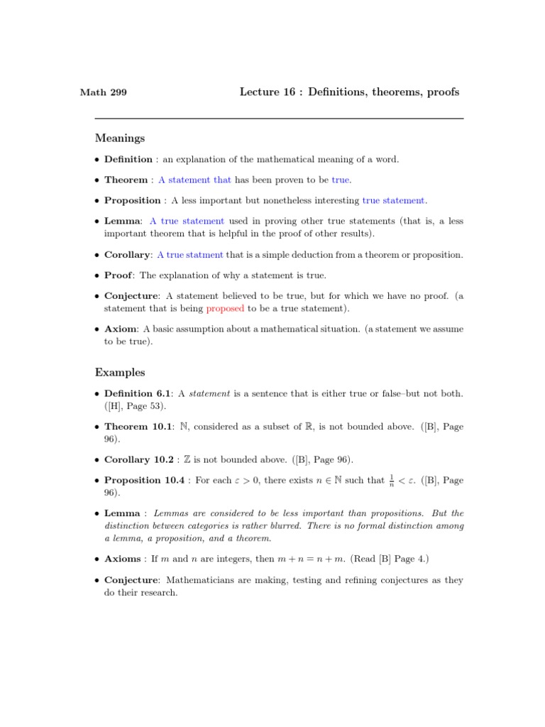 Lecture 16: Definitions, Theorems, Proofs: A Statement That True True ...