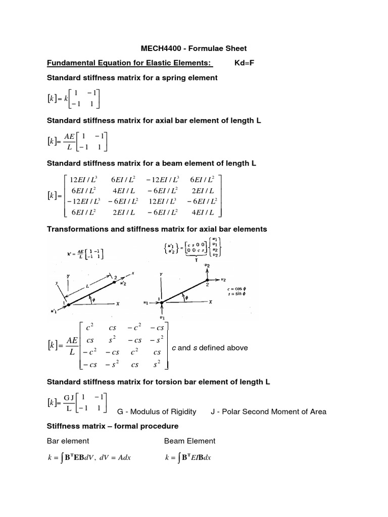 Stiffness Matrix Formulas for Elements | PDF | Stiffness | Materials ...