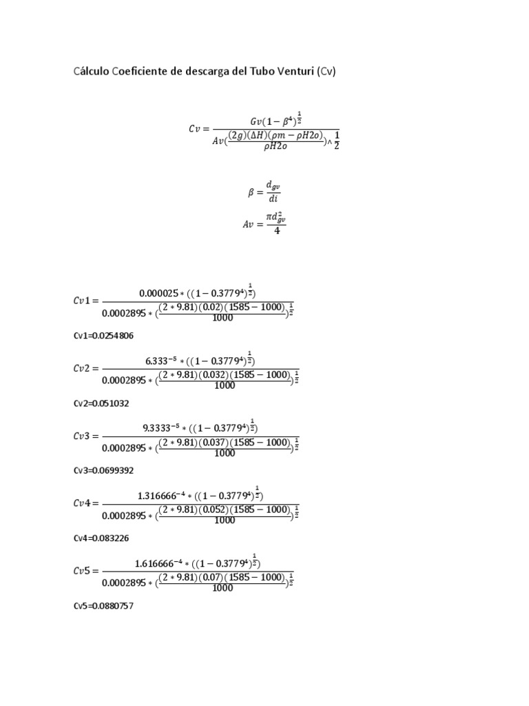 Cálculo Coeficiente de Descarga Del Tubo Venturi PDF