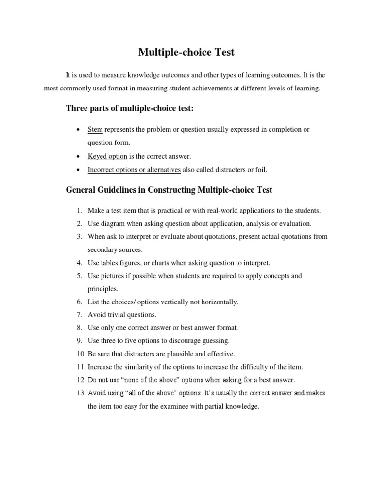Three parts of multiplechoice test Multiple Choice Question