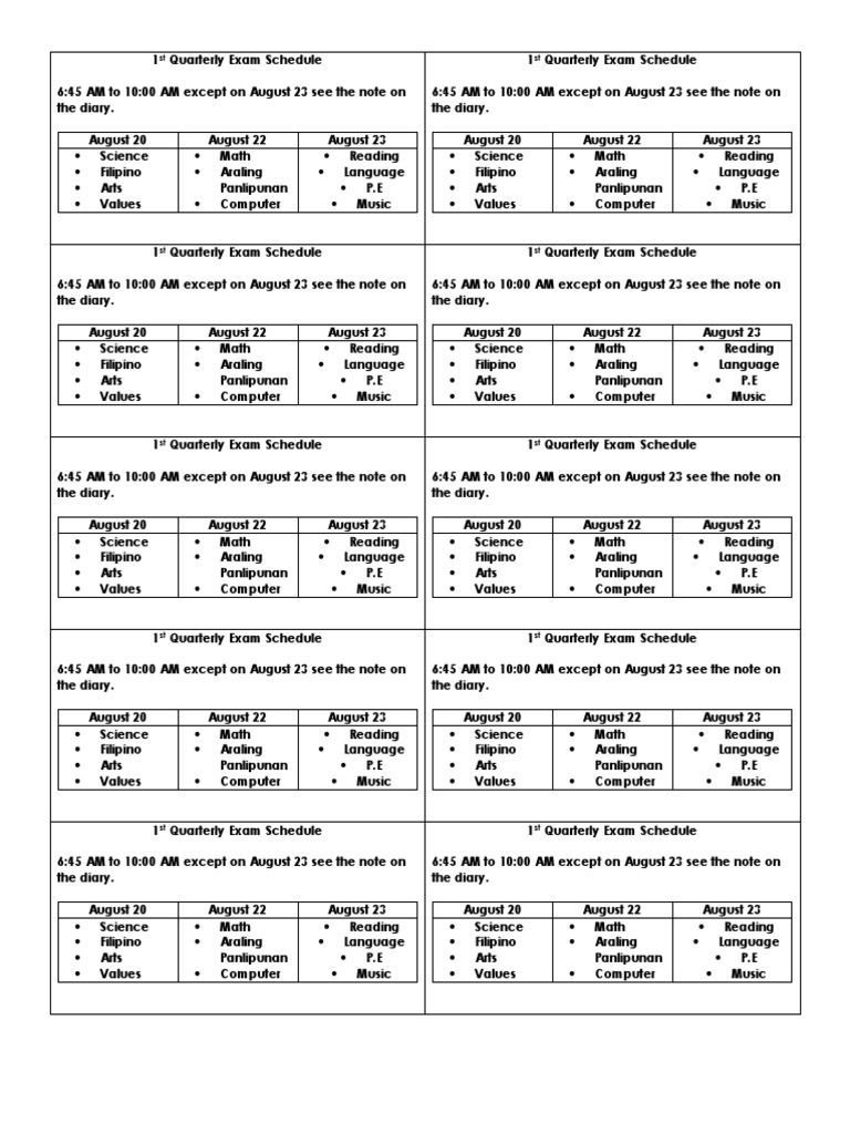 1st Quarterly Exam Schedule | PDF | Science | Logic