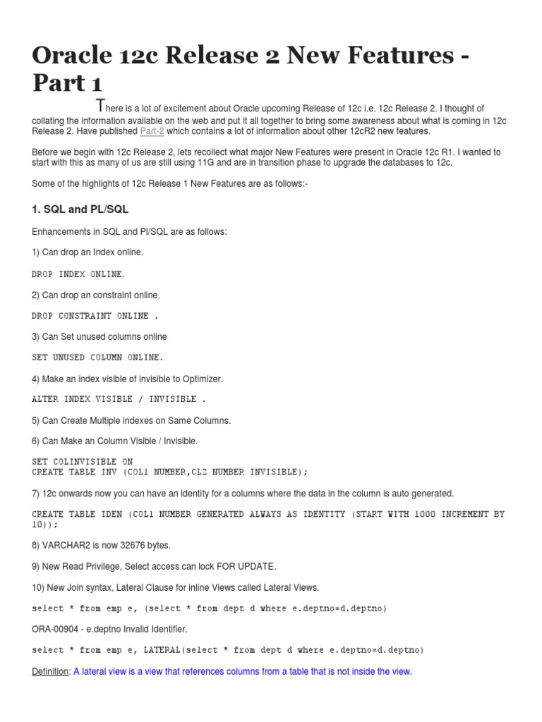 Oracle 12c Release 2 New Features | PDF | Oracle Database | Databases