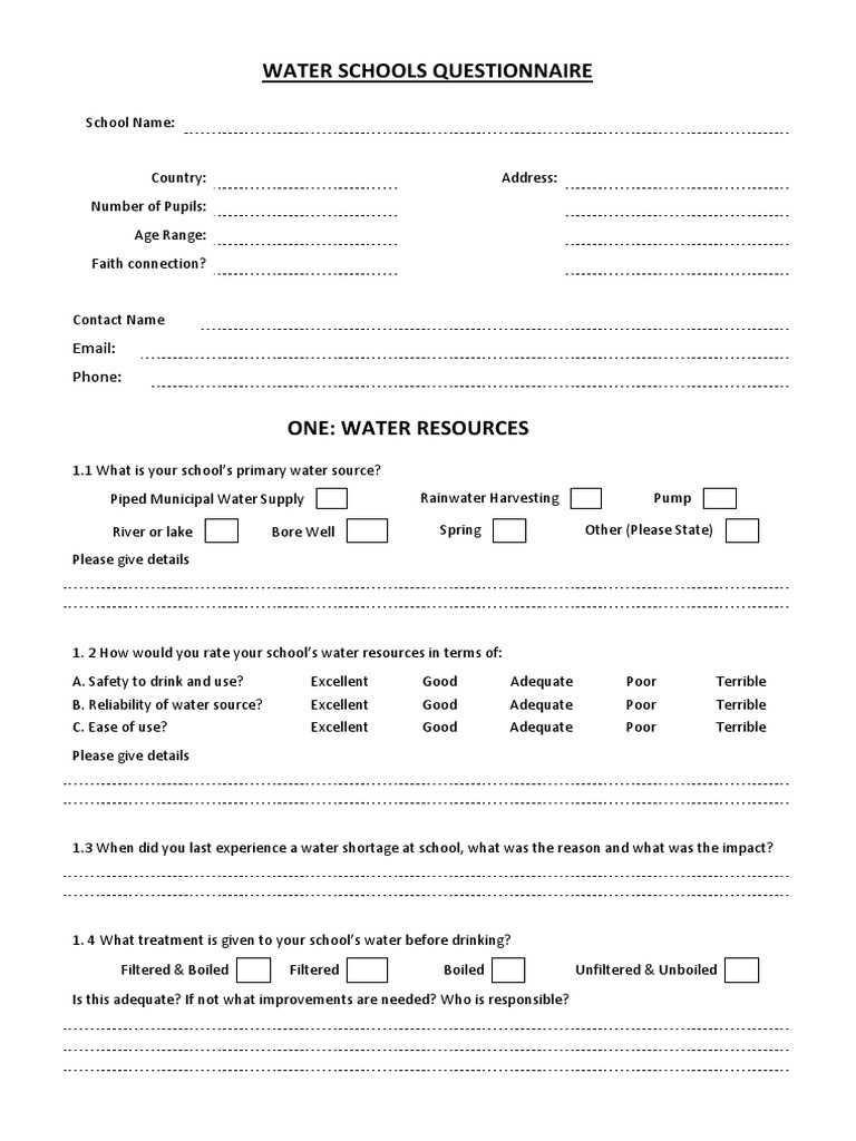Water Schools Questionnaire Email Phone PDF Wash Sanitation