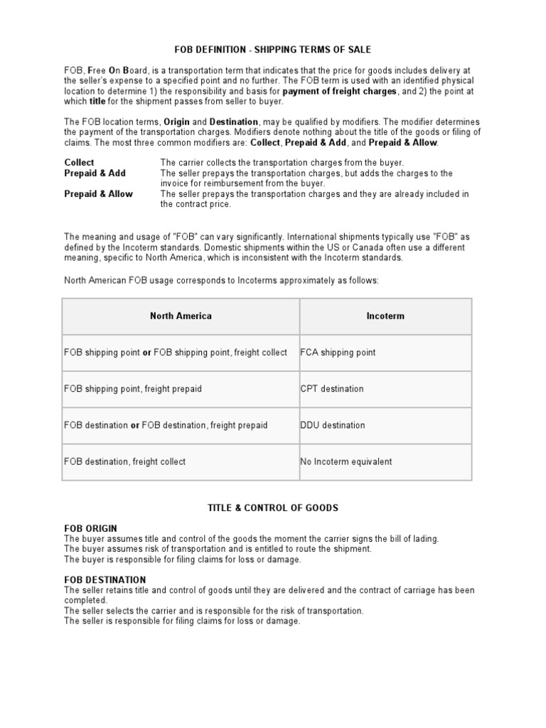 FOB Definition and Shipping Terms of Sale Services (Economics