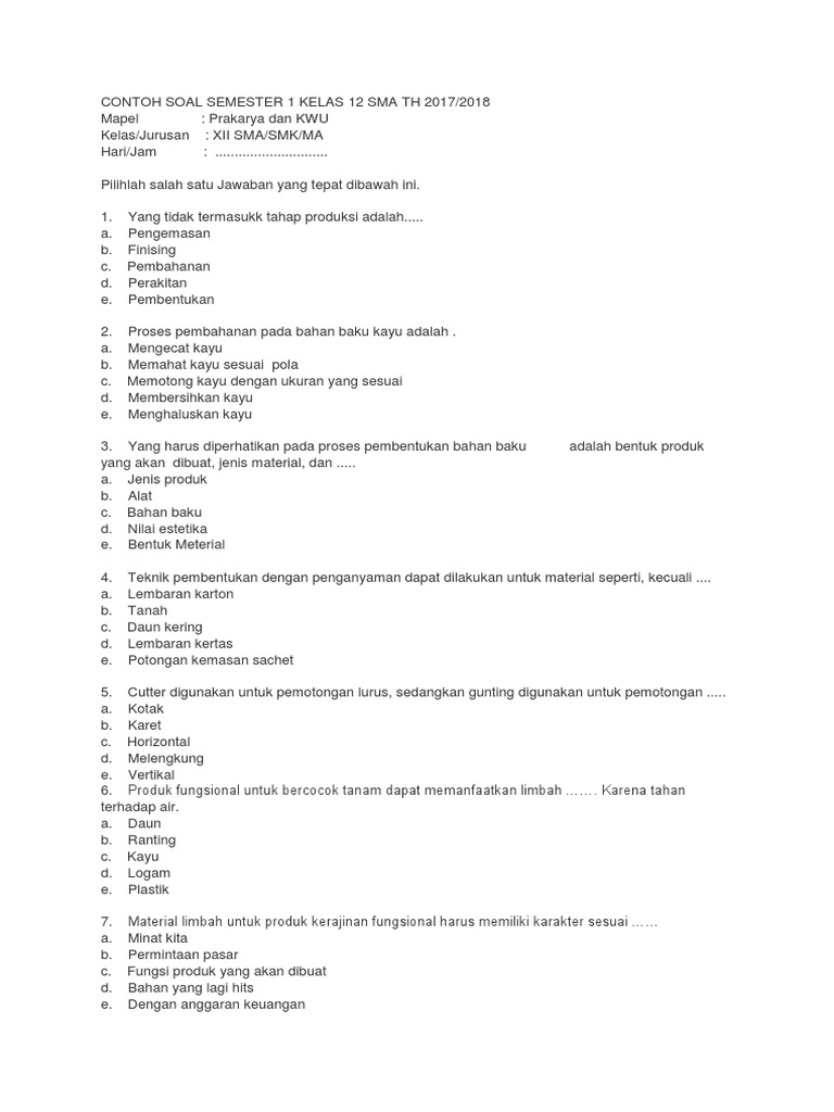 Soal Prakarya Kerajinan Kelas 9 Fungsi Hias Kurikulum 2013