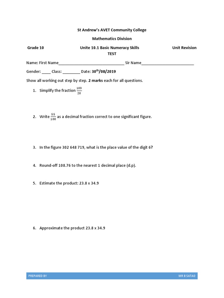 Gr.10 Unite 10.1 Maths Revision Test | PDF