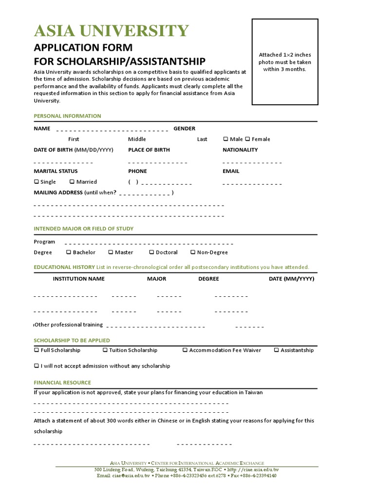 Asia University Scholarship Application Form | PDF | Taiwan | Academia