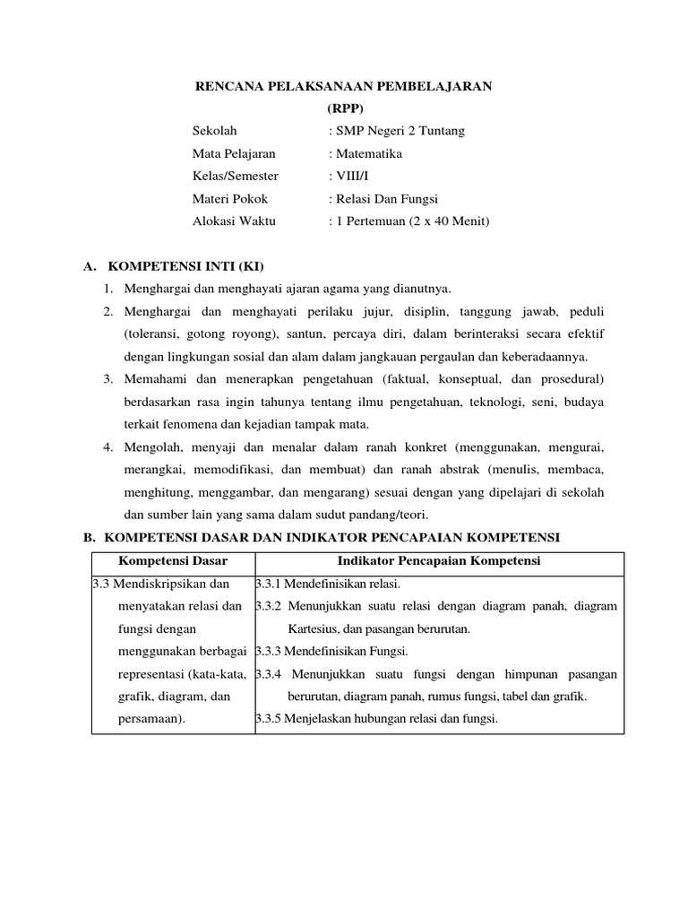 Rpp Relasi Dan Fungsi Kelas 8 Kurikulum 2013 Revisi 2017