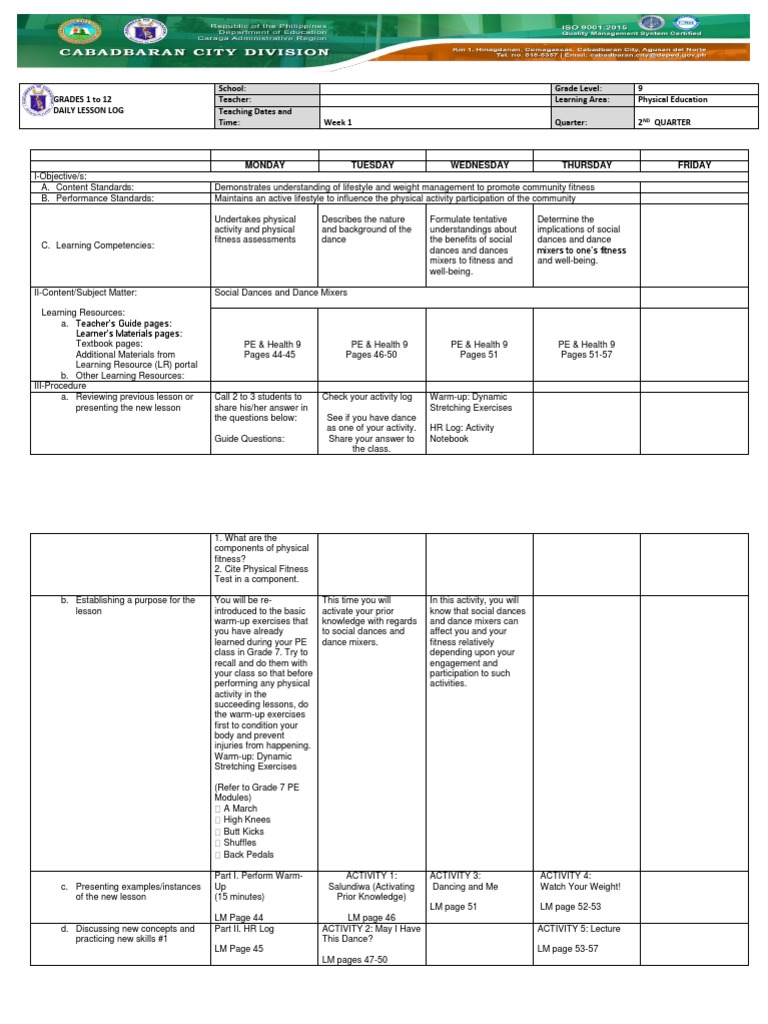 Grade 9 PE 2nd Quarter Lesson Plan | PDF | Physical Fitness | Physical ...