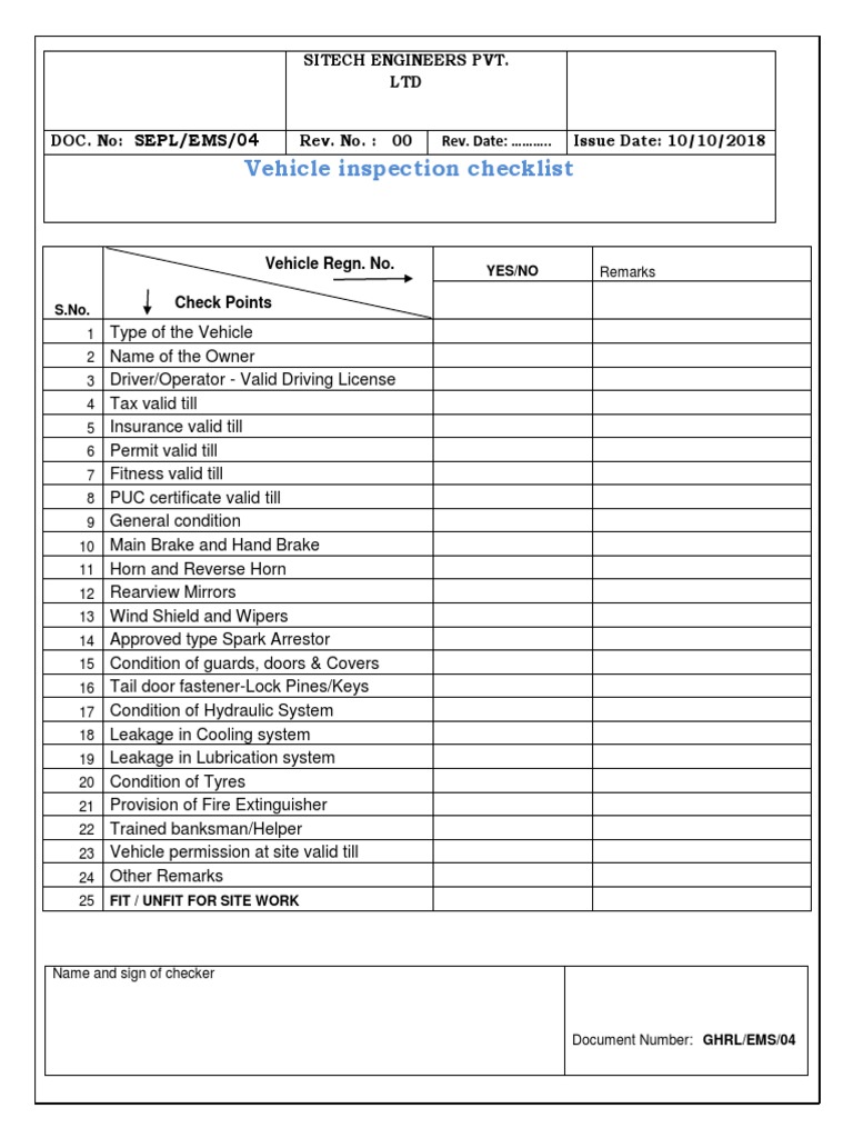Vehicles Inspection Checklist PDF