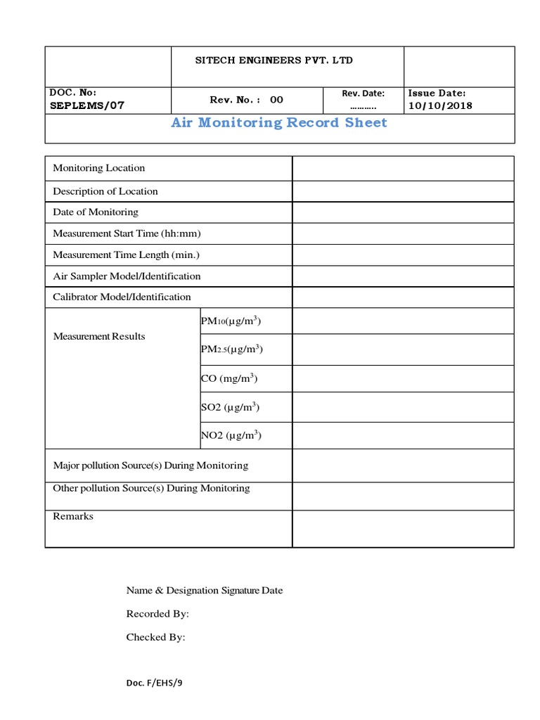 Air Monitoring Record Sheet Seplems/07 PDF
