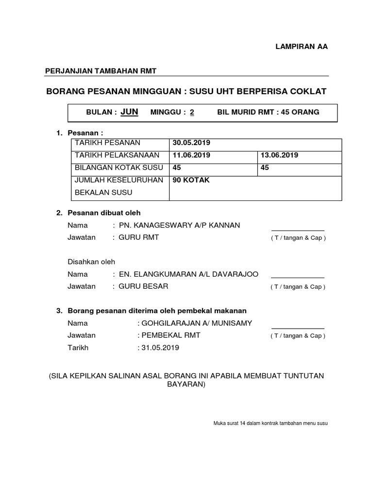 Lampiran Aa Borang Pesanan Mingguan Menu Susu Rmt Minggu Jun1 Pdf