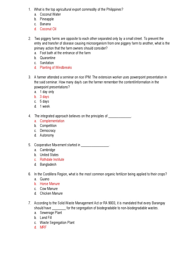 Agricultural Knowledge Assessment Multiple Choice Questions Covering a