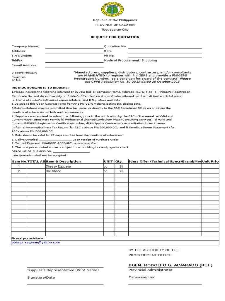 Cagayan Province Request for Quotation | PDF | Business | Government