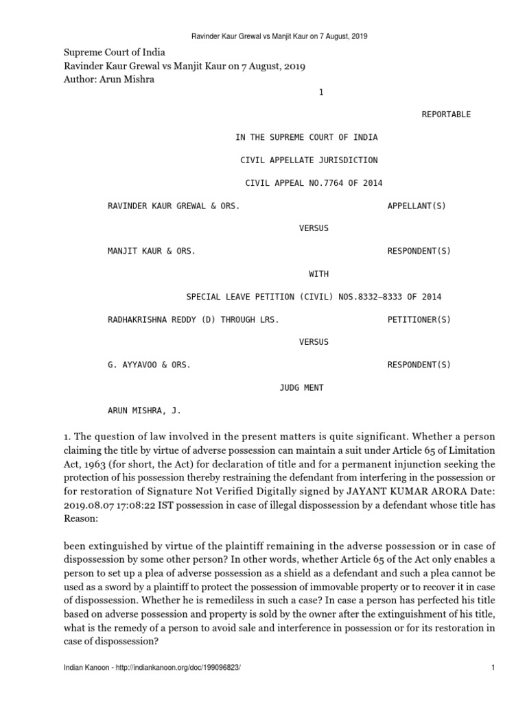 supreme court judgement on adverse possession 2019