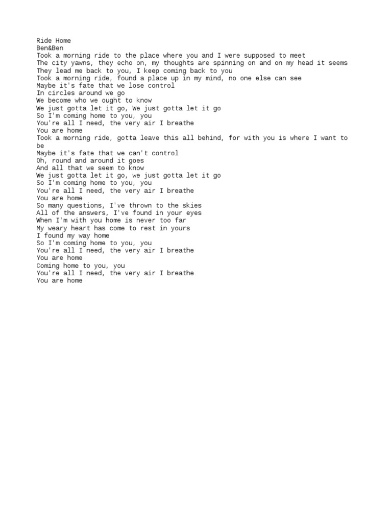 Ride Home Ben and Ben Lyrics PDF
