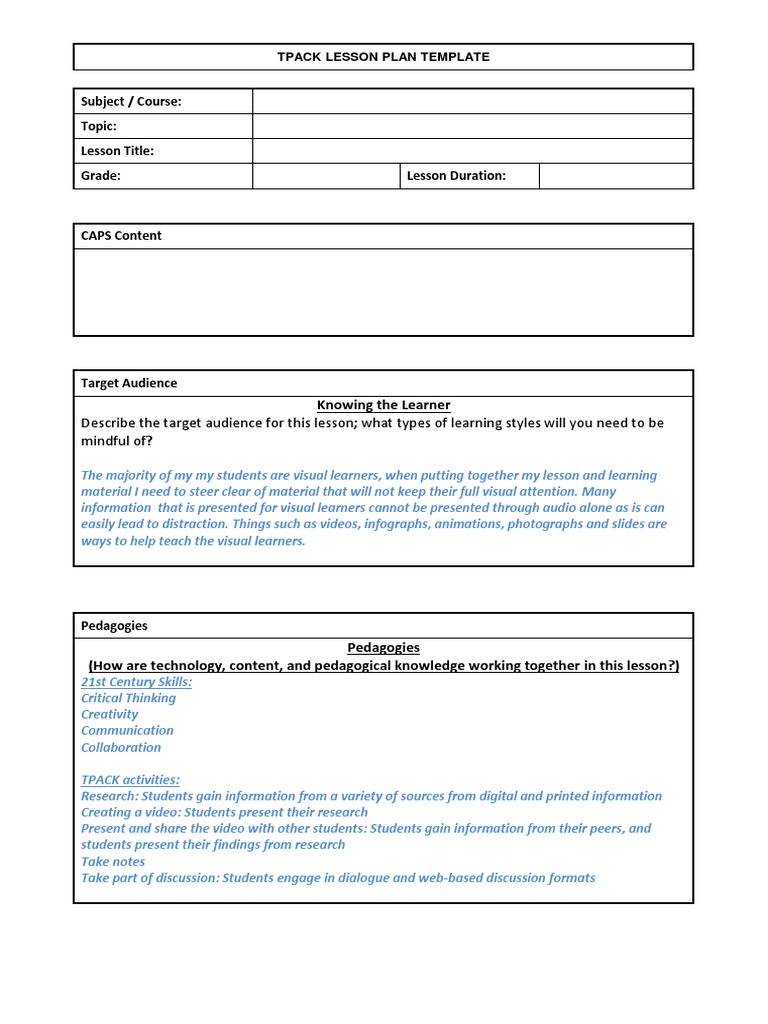 TPACK Lesson Plan Template Guide | PDF