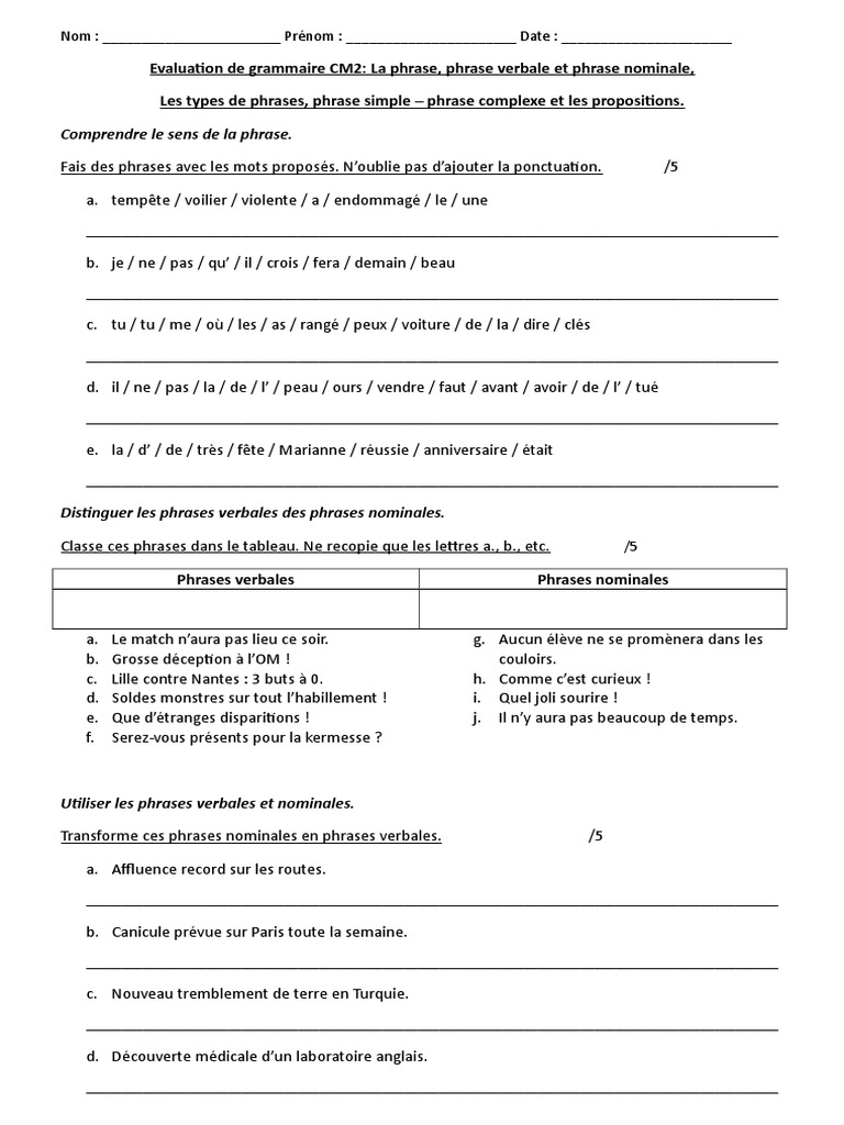évaluation Cm2 Français à Imprimer Evaluation Grammaire Cm2 N 1 | PDF | Phrase | Linguistique