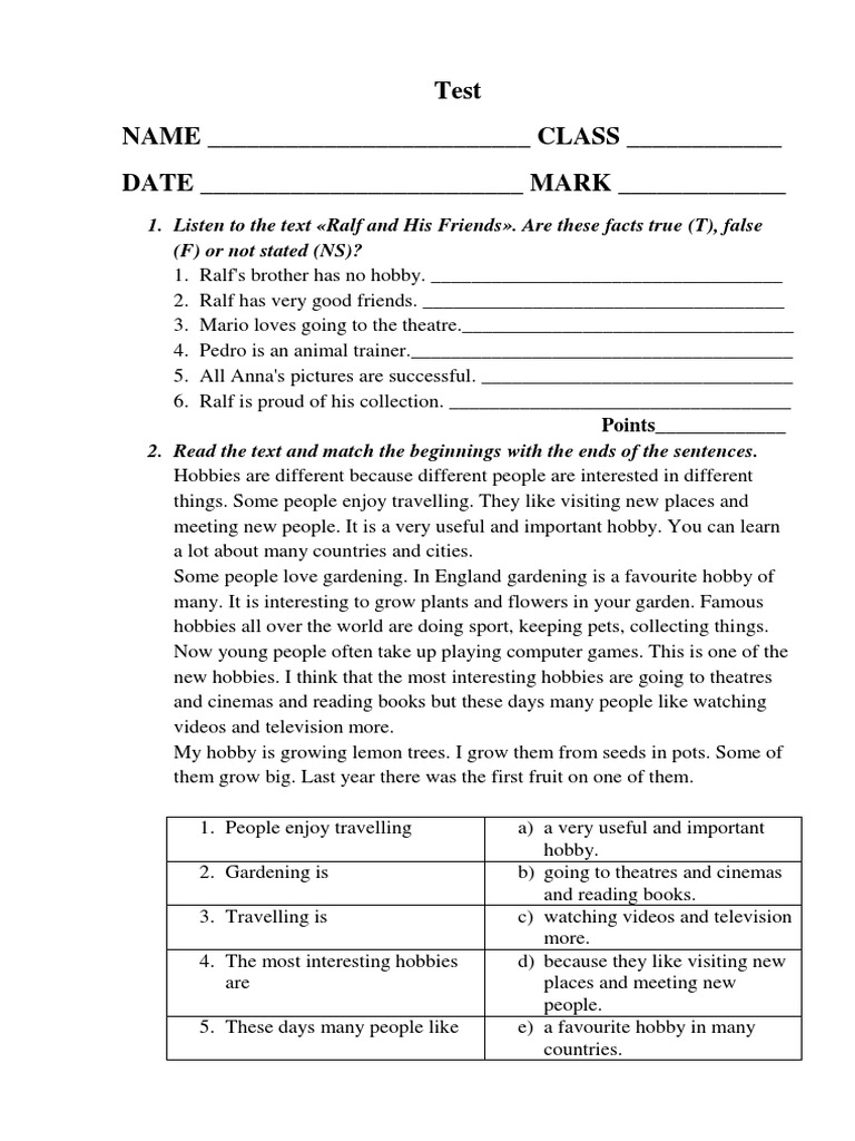 Test NAME CLASS DATE MARK PDF