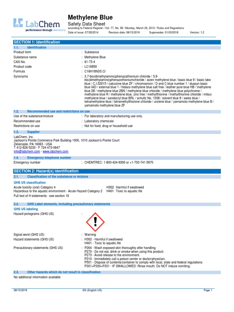 Methylene Blue Safety Data Sheet PDF Firefighting Toxicity