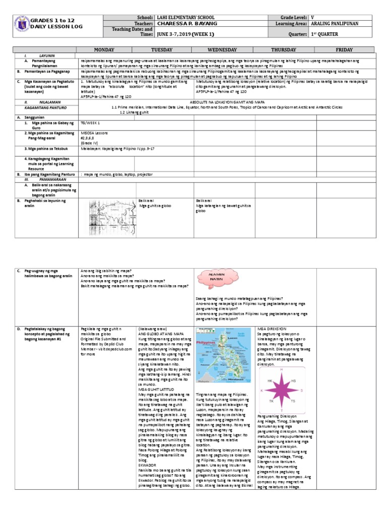 Grades 1 To 12 Daily Lesson Log Charessa P Bayang June 3 7 2019 Week 1 Monday Tuesday Wednesday Thursday Friday