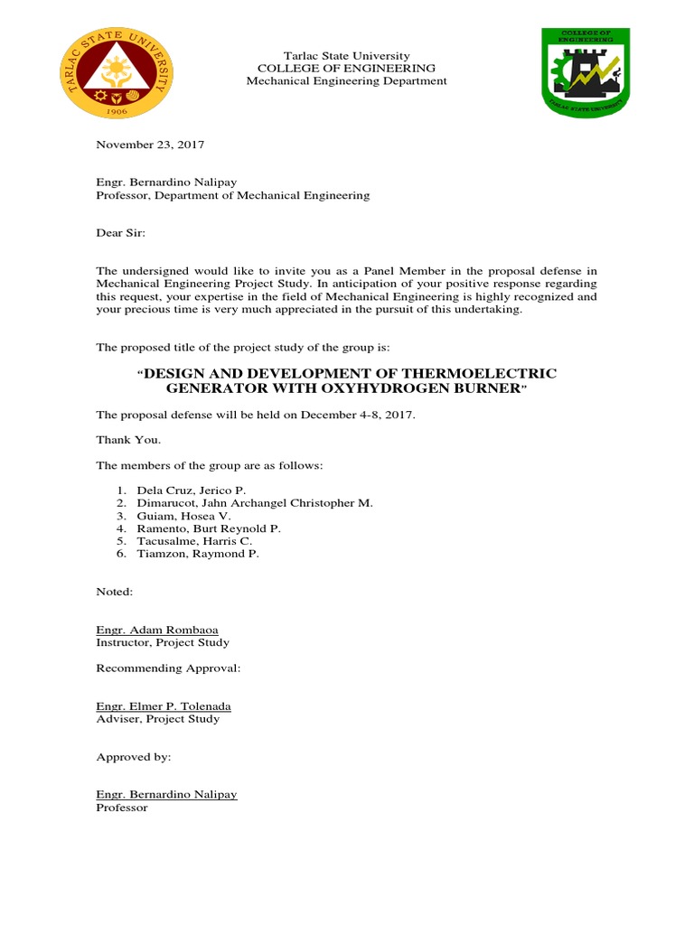 Invitation to Mechanical Engineering Proposal Defense | PDF